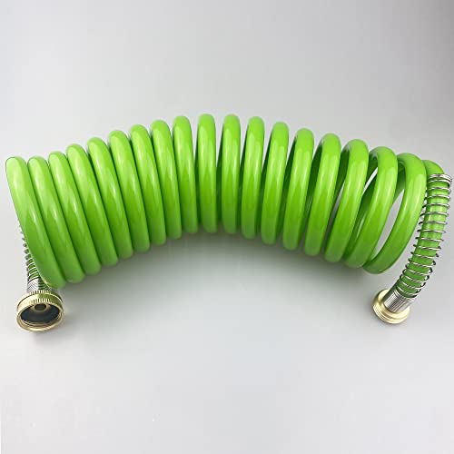 Darnassus Garden Hose,15 Feet Green PU Curly Water Hose with Brass Connectors,Watering Hose Coil,Retractable,Corrosion Resistant Garden Coil Hose - color: Green, size: 15 FT