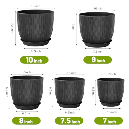 Plastic Plant Pots 10/9/8/7.5/7 inch Set of 5, Flower Planters with Drainage Holes and Saucers, Plastic Pots for Indoor Outdoor Plants, Livingroom Garden Decor (Black) - color: Black