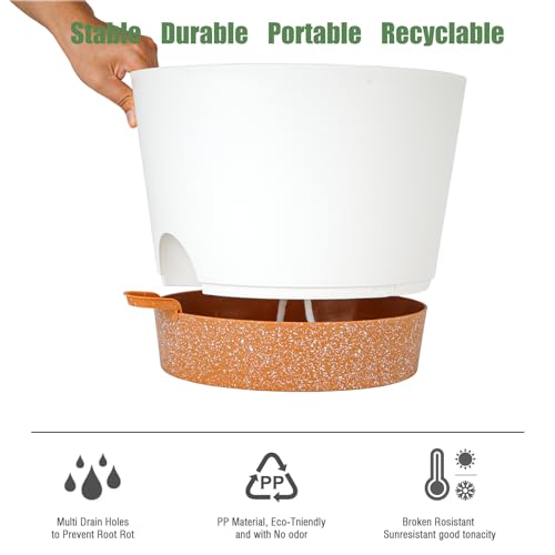 SwinDuck 12inch Large Self Watering Plant Pot, Plastic Cylinder Planter with 60Oz Deep Reservoir and Saucer for Indoor Outdoor Plants Flowers Houseplants, White with Brown - color: White With Brown