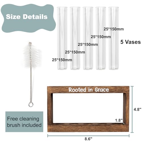 Rooted in Grace Plant Propagation Station – Wooden Stand with 5 Glass Vases, Faith-Inspired Christian Gift for Women, Indoor Plant Cutting Holder for Home, Office, Garden and Housewarming Décor - size: 5 Glass Vases