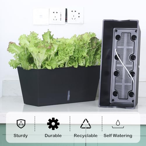 Window Box Planter 6 Pcs, 16.5 Inches Self Watering Rectangle Flower Plant Pots with Drainage Holes Trays, Vegetable Planters for Windowsill Patio Garden Balcony Porch Yard (Black) - color: Black, size: 16.5*7.1*7.1 inch