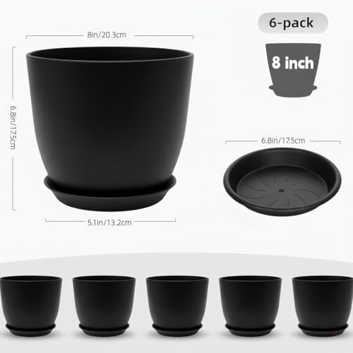Vanslogreen Plant Pots 8 Inch Set of 6, Flower Pots with Drainage Holes and Saucer, Plastic Garden Planters for Indoor & Outdoor Plants (Black) - color: Black