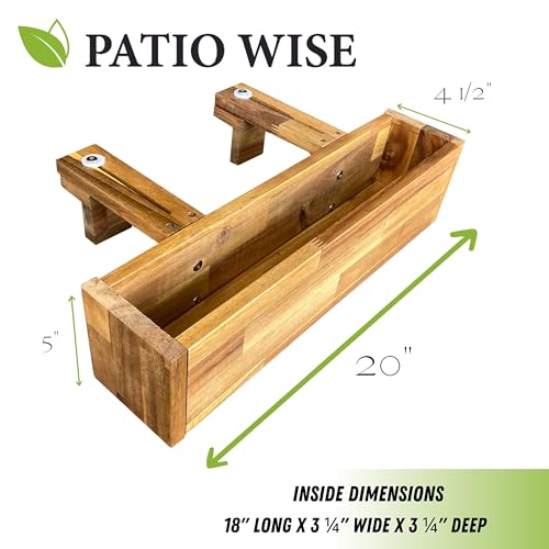 Patio Wise Acacia Wood Railing Planter Box, Outdoor Hanging Flower, Plant, & Herb Boxes, 20-Inch Wide x 5-Inch Tall x 4.5-Inch Deep Rectangular Porch, Deck, & Balcony Planters, Teak Color