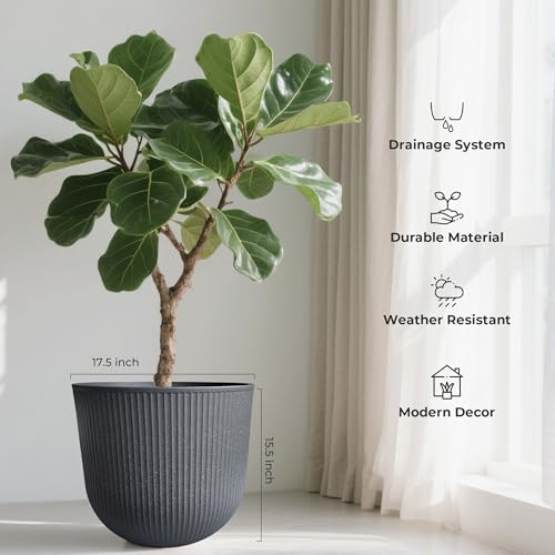 Worth Garden Round Large Planter Pot 1-Pack - 17.5" Dia x 15.5" H - Durable Plastic Grey Plant Tree Pots with Vertical Stripe Textured Finish, Drainage Hole for Indoor, Outdoor, Front Porch, Patio - color: Gray, size: 1-Pack