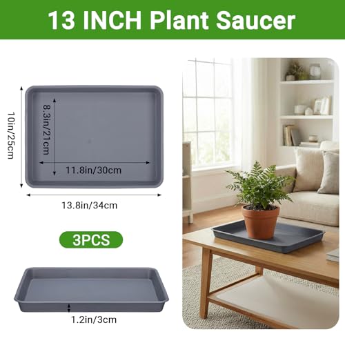 GREANER 13 Inch Plant Trays, Grey Pebble Tray for Plant Humidity, Rectangular Planter Saucers for Indoor Outdoor Plants(Pack of 3) - color: Gray, size: 13 Inch