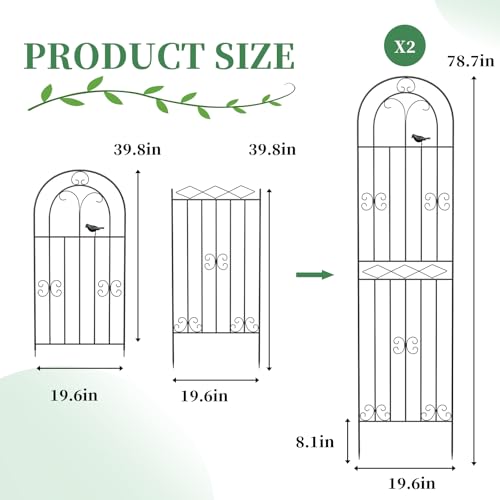 2 Pack 78.7" x 19.6" Iron Arch Decoration Garden Trellis, Metal Climbing Plant Trellis for Heavy Vines, Roses, Flowers, and Vegetables, Perfect for Gardens, Lawns.