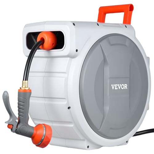 VEVOR Retractable Garden Hose Reel, 1/2 in x 100 ft, Wall Mounted Hose Reel with 9-Function Sprayer Nozzle and 180° Swivel Bracket, Any Length Lock, Automatic Slow Rewind System, for Garden Watering - size: 1/2 in x 100 ft
