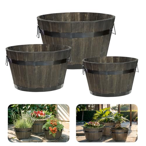 Idzo Set of 3 Wooden Flower Planters for Outdoor Plants, Acacia Wood Barrel Planters, Ergonomic Handles, Drainage Holes, Various Sizes, Black - color: Black_round_set 3