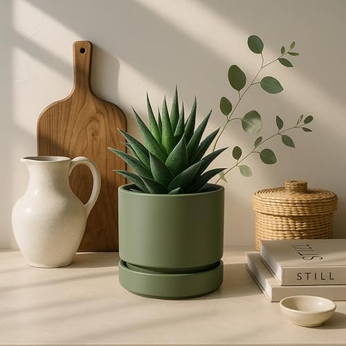 Phoenix Vine 4 Inch Planter Pot with Drainage Hole & Saucer, Deep Water Catch Tray, Straight Cylindrical Round Pot for Plants, Olive, Pack of 3, 23-D-R-3 - color: Olive, size: 4" (3 Pack)