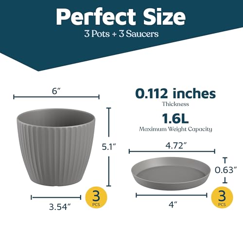 Gray 6-Inch Plant Pots with Drainage & Saucers 3 Pack, Indoor & Outdoor Planters for Houseplants, Herbs, and Flowers, Durable & Weatherproof Material, Stackable, Lightweight, Minimalist Design - color: Gray, size: Pack of 3