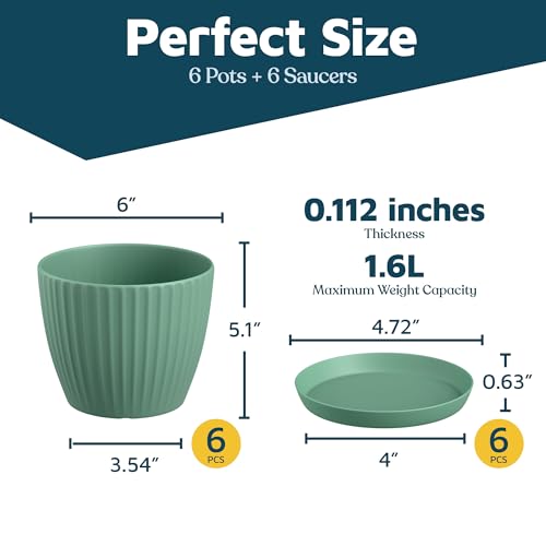 Mint 6-Inch Plant Pots with Drainage & Saucers 6 Pack, Indoor & Outdoor Planters for Houseplants, Herbs, and Flowers, Durable & Weatherproof Material, Stackable, Lightweight, Minimalist Design - color: Mint, size: Pack of 6