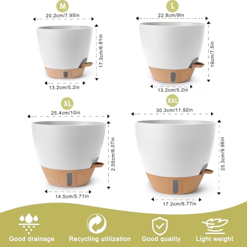 Self Watering Pots for Indoor Plants 12/10/9/8 Inch Plastic with Reservoir - color: White