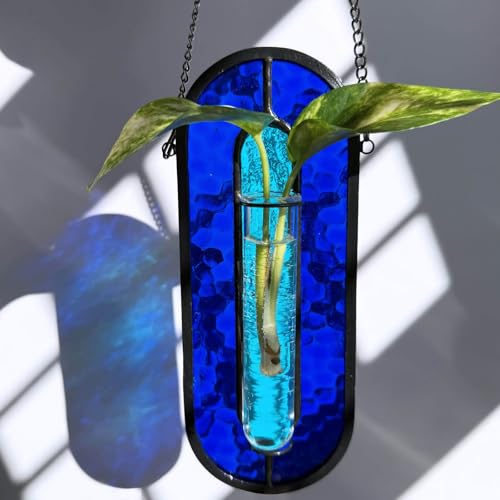 LITMIND Transparent Blue Stained Glass Propagation Station - Handcrafted Suncatcher Hanging Planter with 2 Glass Tubes, Multi-Color Hydroponic Wall Décor for Windows, Home & Garden - color: Style B05 (Ocean Sapphire)