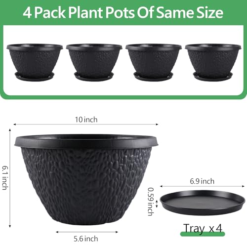 Nooulap 10 inch Plant Pots Outdoor Indoor, 4 Pack, Black - color: Black Pebbles, size: 10 inch