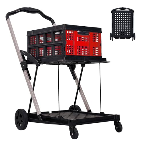 Jojoka Heavy Duty 2-Tier Collapsible Garden Cart – Lightweight Aluminum Frame – 360° Swivel Wheels – Removable Crate for Groceries, Office, Apartment, Travel – 198 lbs Capacity, Red - color: Red