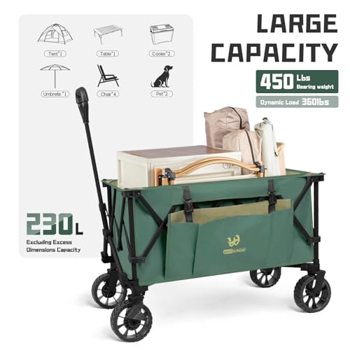 Whitsunday Folding Collapsible Utility Wagon, 400Lbs Heavy Duty Outdoor Park Beach Wagon with Table and Side Pocket for Garden Camping Sports Shopping Green - color: Green