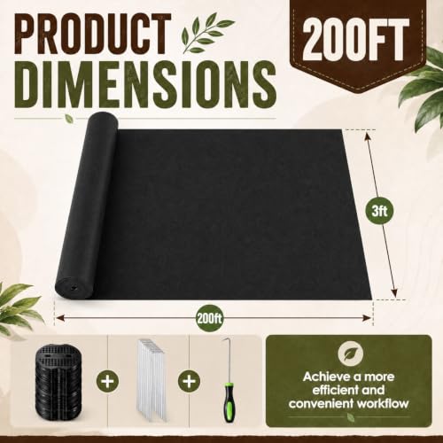 3 x 200 ft Biodegradable Paper Weed Barrier Black Heavy Duty Biodegradable Landscape Fabric with Landscape Staples and Pick Hook Stronger Weed Grass Blocker for Outdoor Garden Lawn - color: Black, size: 3 x 200 ft