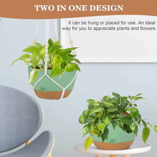 3 Pack Hanging Planter for Indoor Plants, 10inch Self-Watering Hanging Plant Pot, Macrame Plant Hanger with Pot, Chain, S & Ceiling Hooks, Removable Saucer and Drainage Holes for Garden Home - Green - color: Green