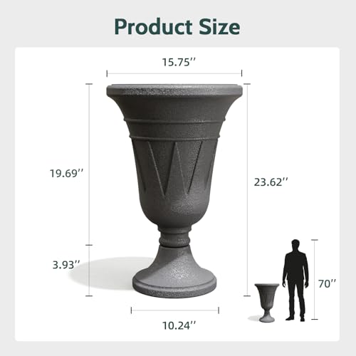 Tall Plastic Urn Planters and Pedestal - 24" Outdoor Planter Grey - color: Dark Grey-trophy
