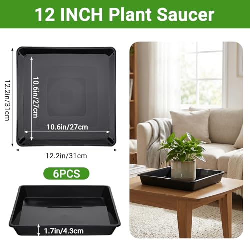 GREANER 12 Inch Plastic Plant Saucer, 6 Packs Square Tray No Holes, Plant Trays for Indoors Outdoor Plants(Black) - color: Black, size: 12"