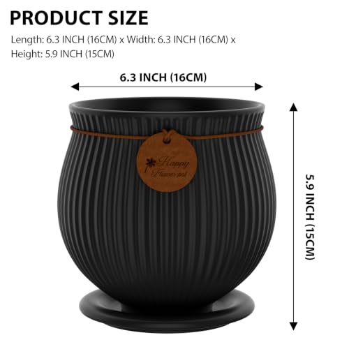 6.3 Inch Black Ceramic Planter with Drainage Hole and Saucer - color: Matte Black, size: Medium