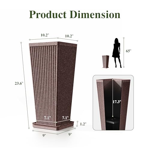 24" Tapered Tall Planters for Outdoor Plants with Tray&Shelf, Brown