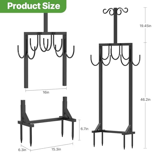 Heavy Duty Garden Hose Holder for Outside - Dual Side Hooks & Shepherd Hook - Freestanding Water Hose Holder - Holds Bird Feeders/Lights/Plants - Sturdy Hose Reel for Outside