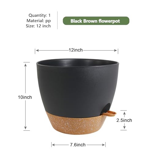WSMKSZ 12 inch Large Self Watering Pots, Flower Plant Pots with Drainage Holes for Indoor Outdoor Garden Plants, Plastic Planters with Removable Deep Reservoir, Black with Brown - color: Black With Brown, size: 12inch 1pcs