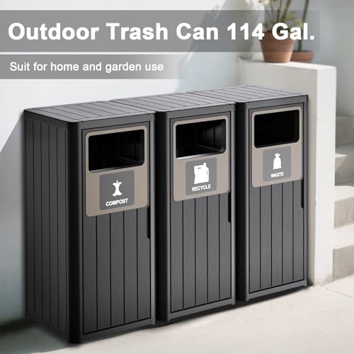 PatioZen Outdoor Three Barrel Trash Can,Waterproof Resin Garbage Can with Garbage Labels,Durable Waste Bin for Porch, Backyard,Kitchen,for 30 to 39 Gallon Trash Bags - color: Black, size: 50*16*35