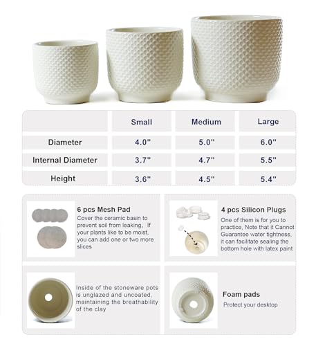 4 + 5 + 6 Inch Ceramic Pots for Indoor Plants, Succulents Plant Pots, Orchid Flower Pot with Drainage Hole, Modern Clay Stoneware Planters, Set of 3 (White, 4+5+6 Inch) - color: White