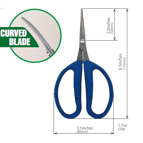 CHIKAMASA CRI-550SRF(Blue), The Specialty Trimming Precise Scissors, Stainless Steel with Fluorine Coating, Curved Blade for Trimming, harvesting vegetables and fruit, wide gardening use. - color: Silver/Blue