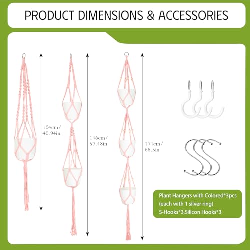 XXXFLOWER 3 Packs Pink Macrame Plant Hanger Bathroom Wall Decor Indoor Set - color: Pink