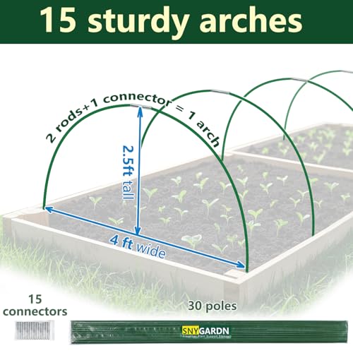 Garden Greenhouse Hoops Kit 15 Sets -2-Section Design, 8ft Grow Tunnels Poles Plant Raised Beds, 30 Pcs 4ft Solid Fiberglass Support Stakes 15 Metal Connectors -Quick Assembly No Loose Parts (Green) - color: Green/6mm