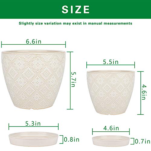Docrin Ceramic Plant Pots Indoor, 6.6 + 5.5 Inch Planters with Drainage Holes and Saucer for Home/Office - Set of 2 /White - color: Creamy-white