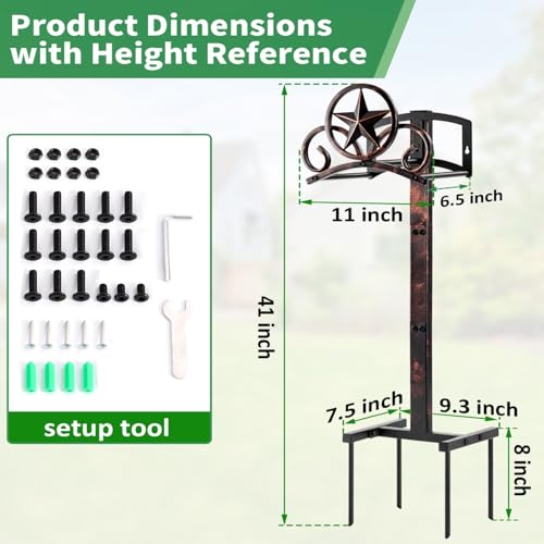 Garden Hose Holder Stand, Decorative Vintage Rustic Hose Rack with Star Design, Heavy Duty 41" Tall Metal Hose Storage for Yard/Lawn/Farm, Freestanding Hose Holder Holds up to 160Ft Hose
