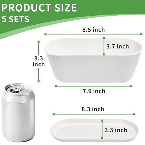 5 Set Window Herb Planter Box Rectangular,8.5x3.5 Inch White Plastic Planters with Multiple Drainage Holes and Trays,Indoor Succulent Cactus Mint Flower Pot for Windowsill,Garden Balcony