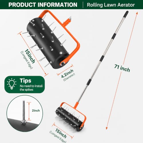 Rolling Lawn Aerator with 42 Spikes 15 Inch Manual Soil Penetrator