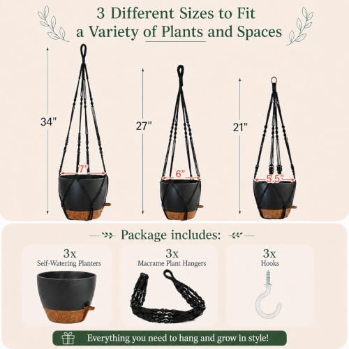 Bouqlife 3 Pack Self Watering Hanging Planters Macrame Plant Hangers with Indoor Flower Pots, 3 Different Size Hanging Basket, Plant Hanger with Hooks for Garden Home Decor Black - color: Black, size: Medium
