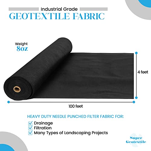 Super Geotextile 4, 6, 8 oz Non Woven Fabric for Landscaping, French Drains, Underlayment, Erosion Control, Construction Projects - 8 oz (4x100) - size: 4' x 100'