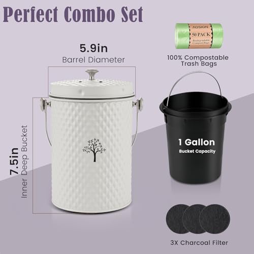 AOSION Countertop Kitchen Odorless Compost Bin with Removable Inner Bucket - color: Creamy white