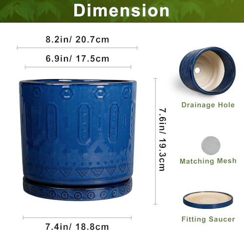 Eightpot 8 Inch Planter, Ceramic Plant Pots with Drainage Hole and Tray, Round Flower Pots for Indoor Plants Outdoor, Boho Planter, Decorative Pot for Plants, Plant Lover Gifts, House Decor, Blue - color: Blue - 2, size: 8 Inch