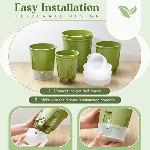Wonderjune 6 Pack Self Watering Pots for Indoor Plants 4.7/5.9/7.1 in,Green
