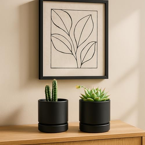 Phoenix Vine 4 Inch Planter Pot with Drainage Hole & Saucer, Deep Water Catch Tray, Straight Cylindrical Round Pot for Plants, Matte Black, Pack of 3, 23-C-R-3 - color: Matte Black, size: 4" (3 Pack)