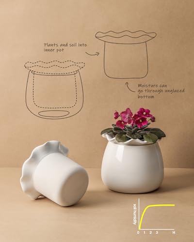 Fayoula Self Watering Plant Pot, 6 Inch African Violet Pots Maintenance, Ceramic Self-Watering Planter for Indoor Plants - Ideal Flower Pot for Thriving Indoor Gardens, White - color: White