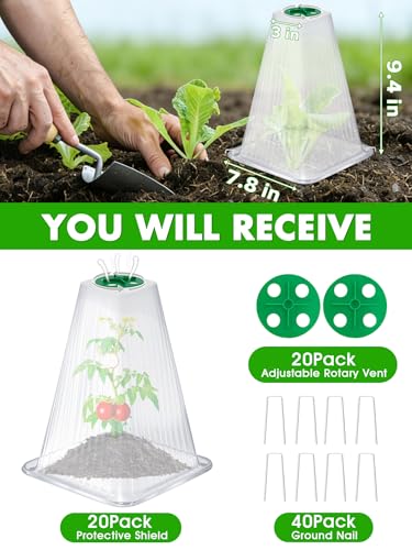 20 Pack Garden Cloches for Plants with 40 Ground Stakes and Rotary Vent - color: White