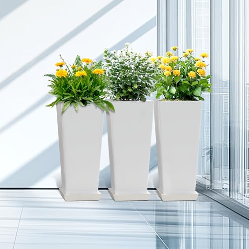 TUYOHW 24 Inch Tall Tapered Square Planters (Set of 2) - Indoor Outdoor Large Flower Pots with Built-in Drainage & Matching Water Tray for Patio, Garden, Home - White - color: White