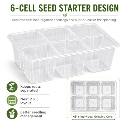 Seed Starter Trays 5 Pack, 6 Cell Nursery Tray Transparent, Plastic Seedling Starter Pots Tray for Vegetables Flowers Herbs Succulents, Plant Germination Growing Starter Tray