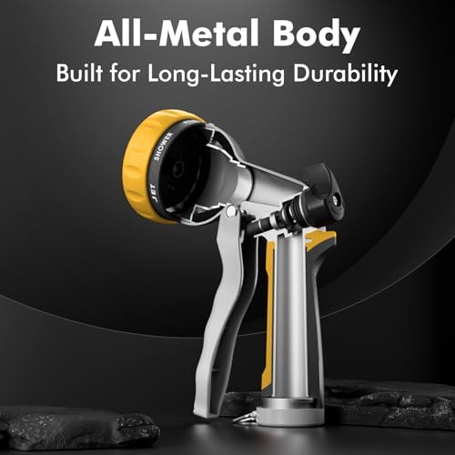 RESTMO Garden Hose Nozzle, Heavy Duty Metal Water Hose Nozzle with 7 Adjustable Spray Patterns, High Pressure Hand Sprayer with Flow Control, Best for Watering Plant & Lawn, Washing Car & Pet, Yellow - color: Yellow