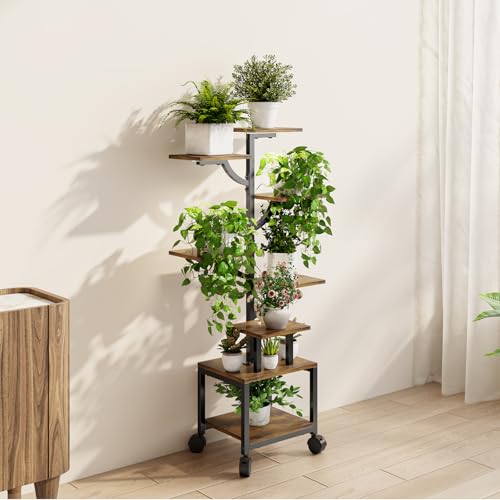 Plant Stand Indoor with Grow Lights - 7-Tier Plant Stand with Wheels, Tall Metal and Wood Indoor Plant Shelf with Tree Design, Rolling Flower Pot Holder Rack with Waterproof Finish, Adjustable Display Stand for Home Garden, Patio, 41" Tall - size: 41 in