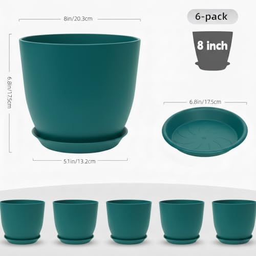 Vanslogreen Plant Pots 8 Inch Set of 6, Flower Pots with Drainage Holes and Saucer, Plastic Garden Planters for Indoor & Outdoor Plants (Deep Green) - color: Deep Green